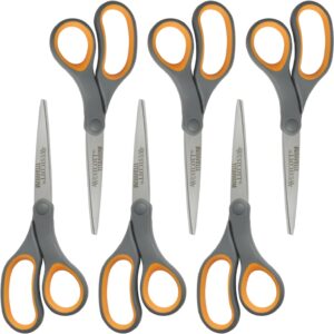 Westcott Titanium Bonded Scissors, Soft Handle, 8", Straight, Gray/Yellow, 6-Pack