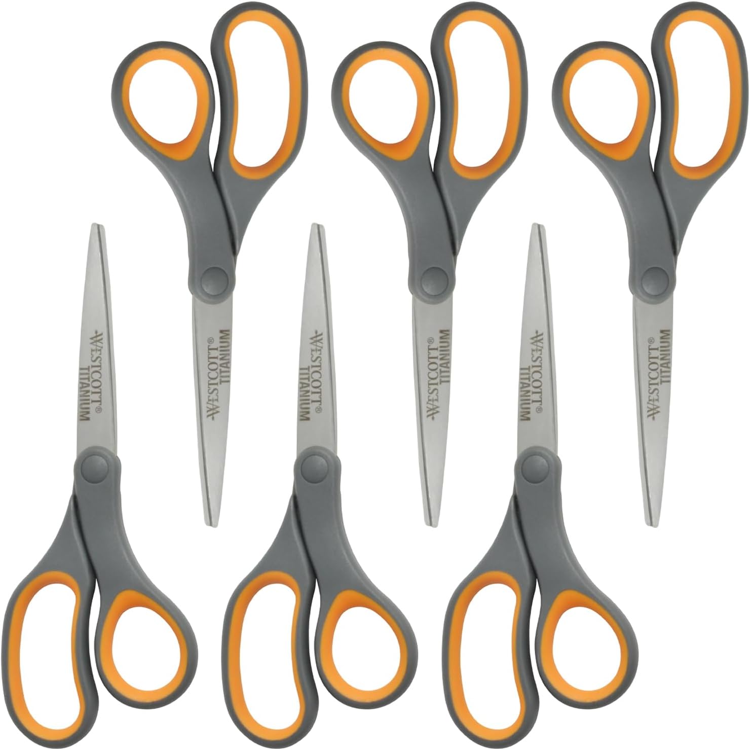 Westcott Titanium Bonded Scissors, Soft Handle, 8", Straight, Gray/Yellow, 6-Pack